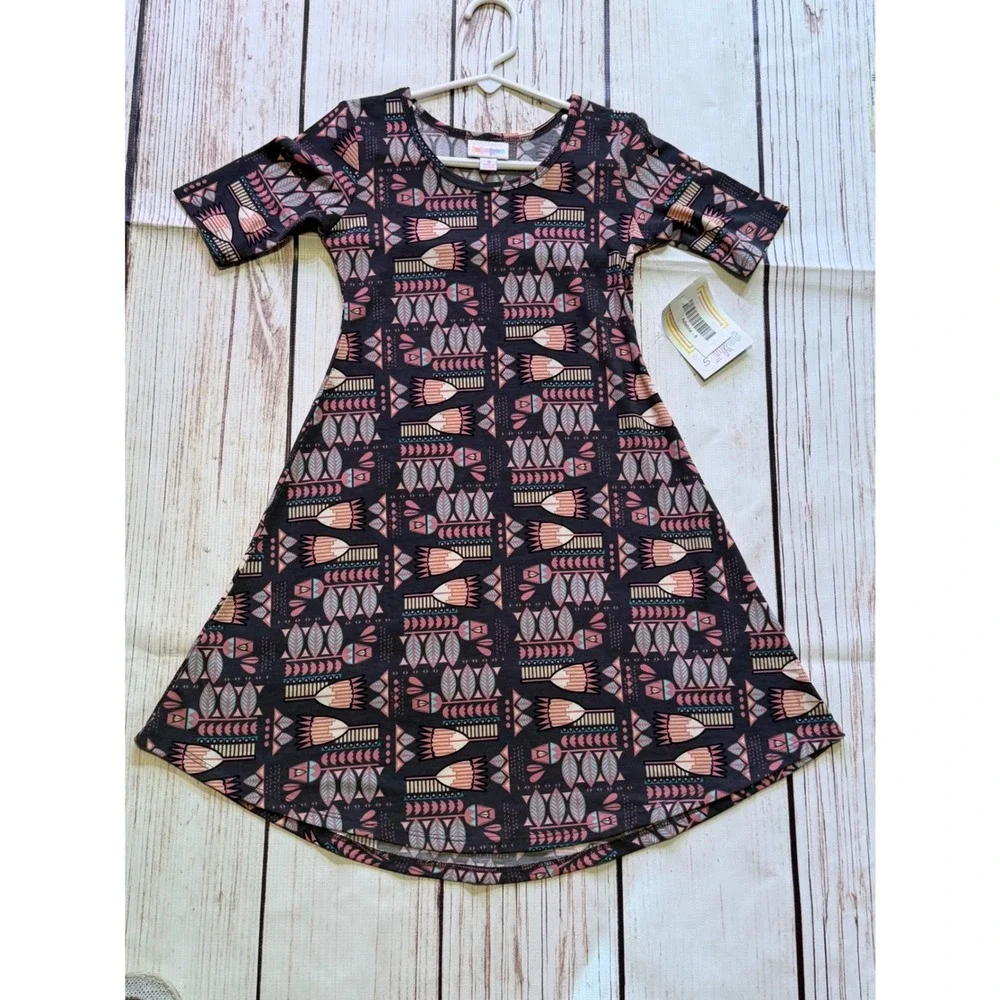 LuLaRoe Adeline Girls Dress Size 8 NWT Pink Blue Geometric Floral A-Line Swing